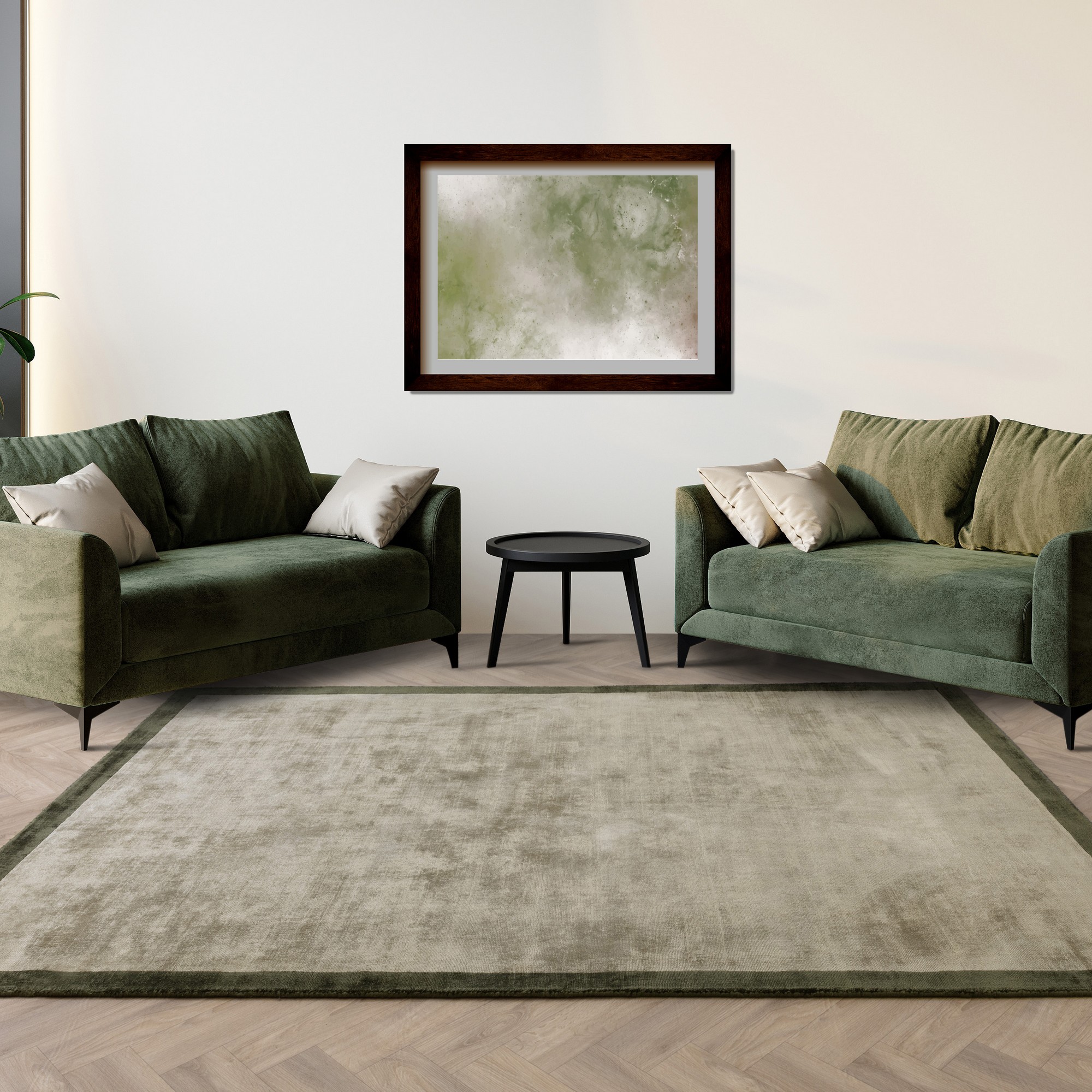 Blade Border Fine Modern Plain Rugs In Sage Olive Green